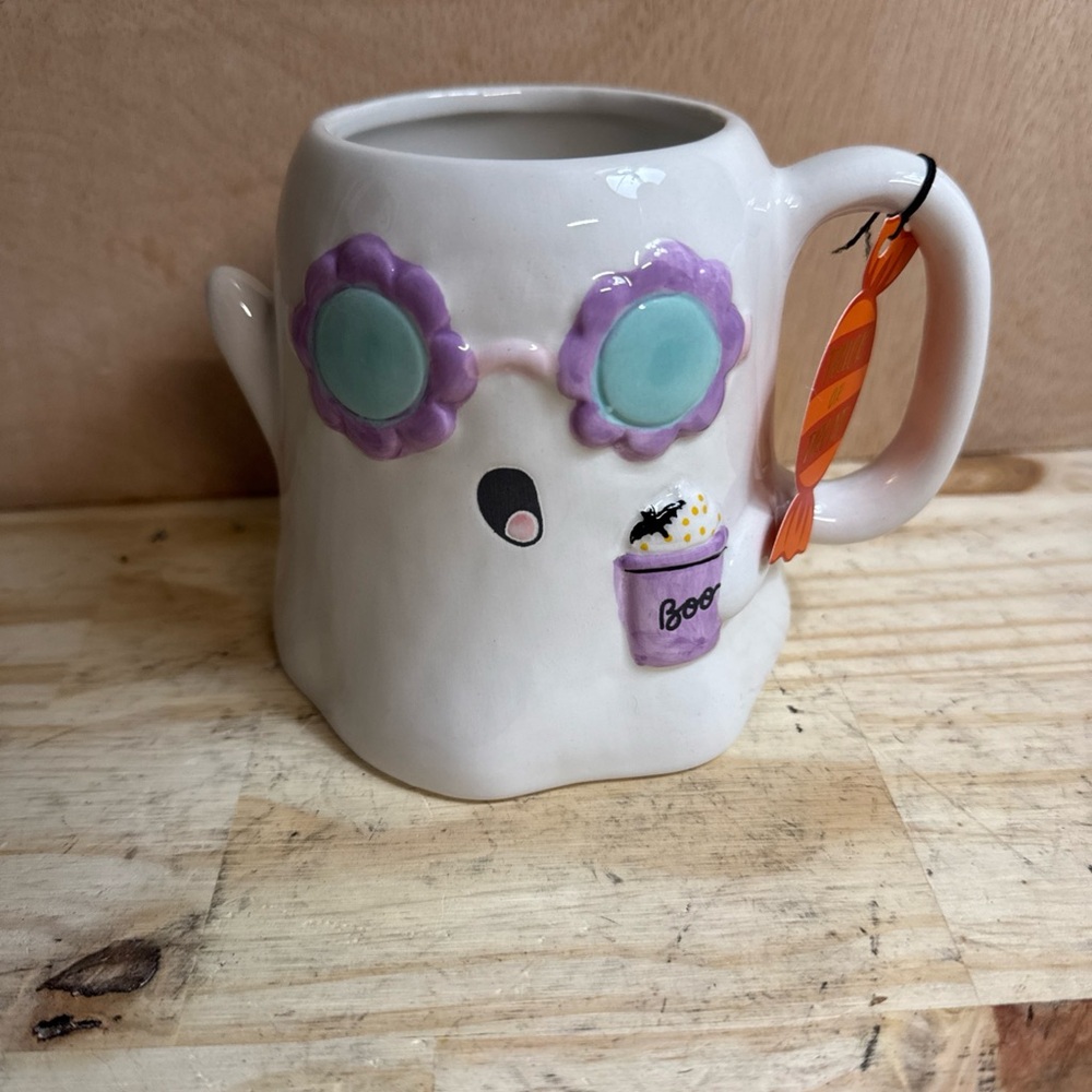 Hippie Ghost Halloween Coffee Mug with Glasses and Latte NWT